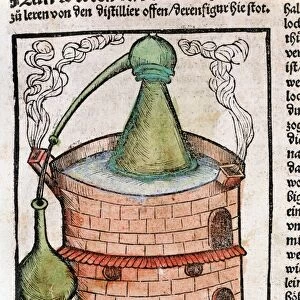 Distillation: Still in water bath (bain-marie), showing an Alembic. From Braunschweig