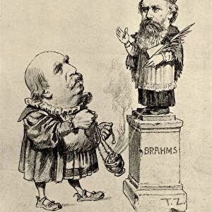 Eduard Hanslick (1825-1904) Austrian music critic, worshipping Brahms on a pedestal