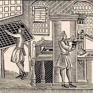English printing workshop c1719. On the left the compositor is selecting type from the case