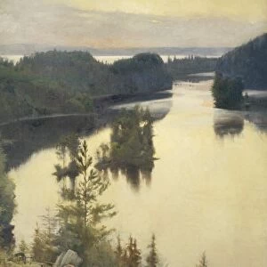 Finland, Helsinki, oil on canvas, landscape painting of Kaukola Ridge at sunset