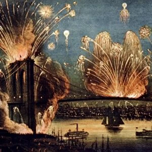Firework display celebrating the opening of the Brooklyn Suspension, New York, USA, 24 May 1883