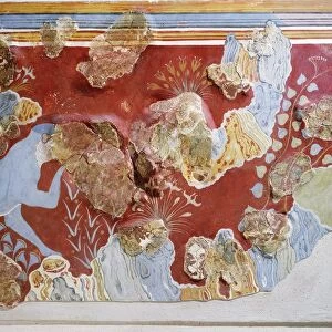 Fresco depicting light blue monkey picking saffron flowers in garden of Palace of Knossos, from Knossos, Crete, Greece