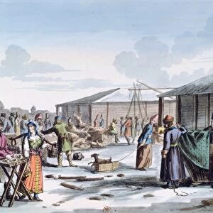 Frozen Food Market, 1821. Russian Manners and Customs. Coloured lithograph