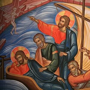 Greek orthodox icon depicting Jesus (shown twice) and his apostles on Lake Tiberias