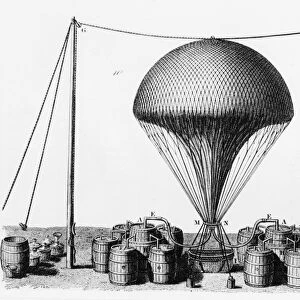 Inflating balloon with hydrogen, produced by covering barrels of iron filings with sulphuric acid