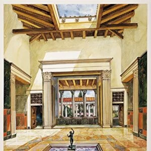 Italy, Campania Region, Pompeii, Reconstruction of interior of house of Faun, drawing