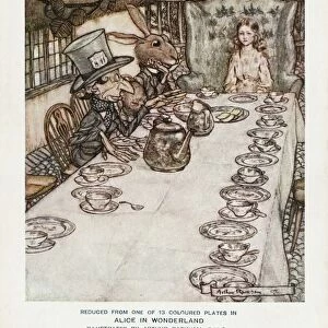 A Mad Tea-Party by Arthur Rackham. 1907, A Mad Tea-Party, one of Arthur Rackhams color plates from Alices Adventures in Wonderland, is reproduced on a postcard