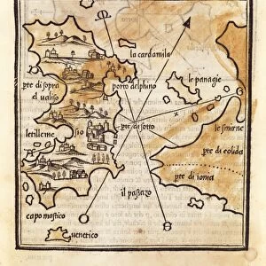 Map of Chios Island, Greece by Benedetto Bordone, 1460-1531, from Isolario, Book of Islands, 1528