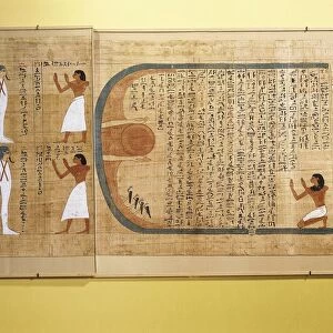 Mythological papyrus of Imenemsauf, Chief bearer of Amon. Detail: the deceased paying homage to the sun; four deities, squires of Amon