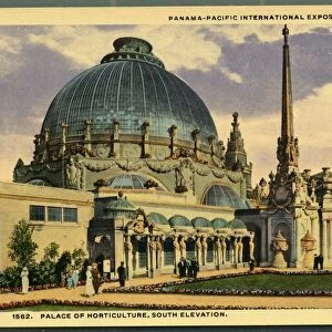 Postcard of the Palace of Horticulture. ca. 1915, Visitors to the 1915 Panama-Pacific International Exposition stroll outside the Palace of Horticulture