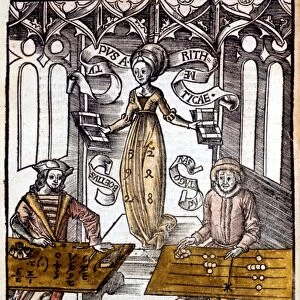 Pythagoras (6th century BC), right, using counting table, competes against Boethius