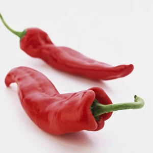 Two red chilli peppers, close up