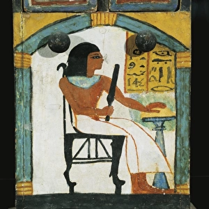 Shabti box depicting the deceased sitting at offering table, close-up