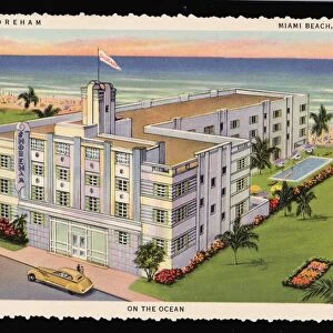 The Shoreham Hotel. ca. 1936, Miami Beach, Florida, USA, THE SHOREHAM, MIAMI BEACH, FLORIDA. ON THE OCEAN. THE SHOREHAM, Miami Beachs Newest Hotel On the Ocean at 6th St. Ideally Located-Private Bathing Beach-Patio with Open Air Dance Floor-Health Club and Solarium-Excellent Cuisine-OPEN ALL YEAR