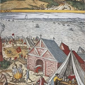 Spain, Cadiz, Fishing port in Cadiz city by Johannes Janssonius (Jan Janszoon), 1657, engraving