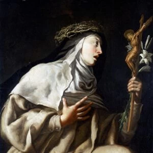 St Teresa (Theresa) of Avila before the Cross. Spanish nun (1515-1582): Reformer of Carmelite order