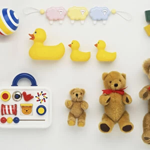 Three teddy bears, three rubber ducks, three sheep, a ball and building toys
