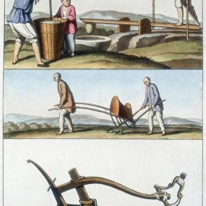 Top: Pounding rice in a pestel and mortar. Mid: Chinese seed drill. Bot: Chinese plough