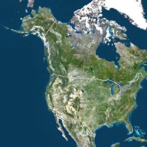 United States and Canada, True Colour Satellite Image With Border