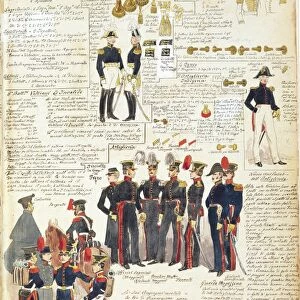 Various uniforms of the Papal States from 1835. Color plate by Cenni Quinto