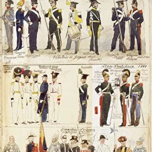 Various uniforms of the Papal States, 1846-1847. Color plate by Cenni Quinto