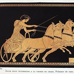 Young woman winning the chariot race, drawing from vase, red-figure pottery, illustration
