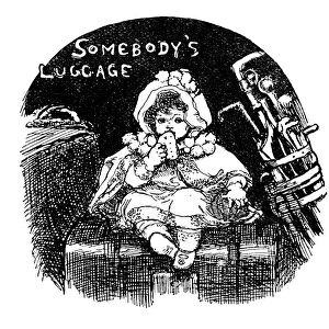 Antique childrens book comic illustration: little girl on luggage