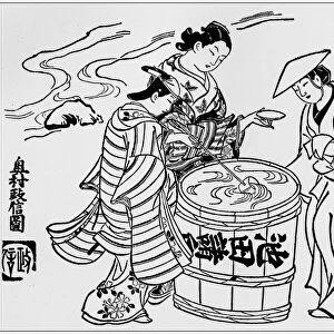 Antique Japanese Illustration: The Three Saki Tasters by Okumura Masanobu (1710)