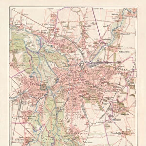 City map of Leipzig (Germany) and suburbs, lithograph, published 1897