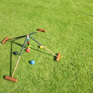 Croquet set on lawn, United Kingdom, Europe