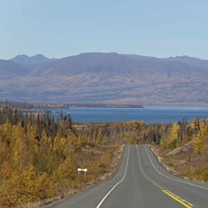 Haines Road towards Haines Pass, Alaska, Dezadeash Lake behind, Indian Summer, leaves in fall colours, autumn, St. Elias Mountains behind, Kluane National Park and Reserve, Yukon Territory, Canada