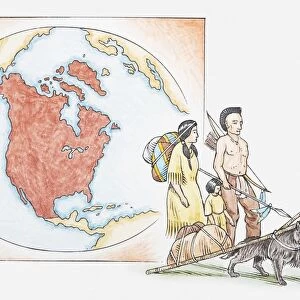 Illustration of American Indian family in front of a map of North America