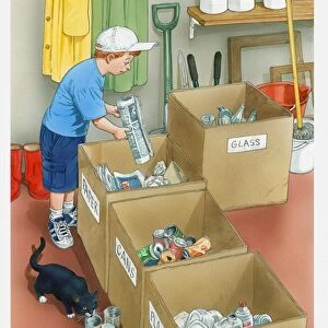 Illustration of boy placing newspaper in paper container, various other recycling containers nearby