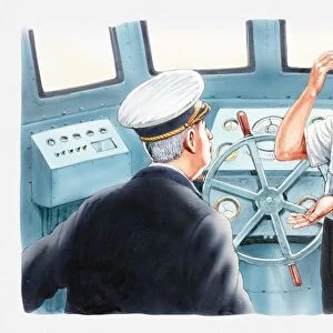 Illustration of captain talking to officer standing at helm on bridge of ship