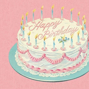 An illustration depicting a white cheerful birthday cake