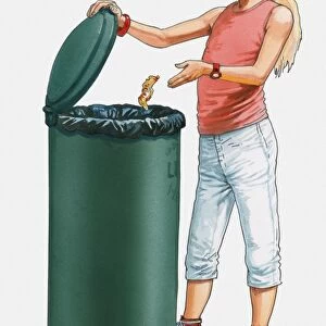 Illustration of girl throwing rubbish in bin