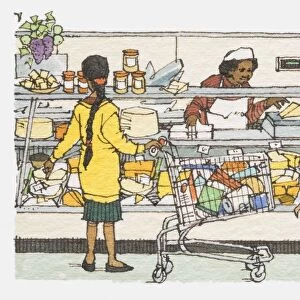Illustration, mother and son being served standing in front of supermarket meat and cheese counter