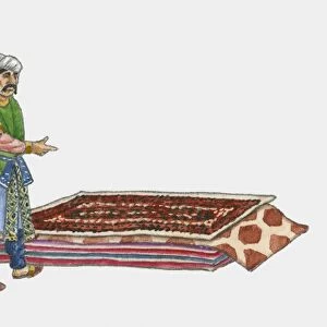 Illustration of Safavid man pointing at stack of Persian carpets