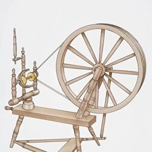Illustration, wooden spinning wheel