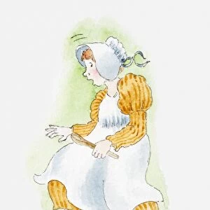 Illustration of a young woman dressed as a maid jumping in fright