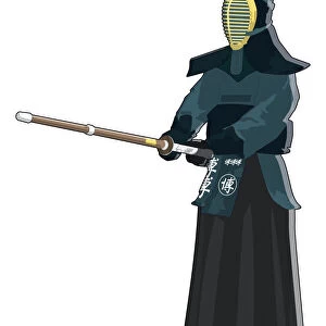 Kendo martial arts fighter holding sword in front of him