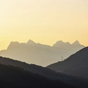 Lofer Mountains or Loferer Mountains, silhouetted in the morning light, morning atmosphere, Alps, Tyrol, Austria