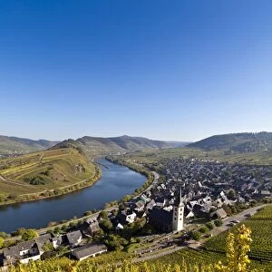 Overlooking Bremner with a Moselle bend, Landkreis Cochem-Zell district, Rhineland-Palatinate, Germany, Europe