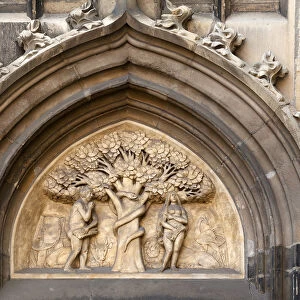 Relief with the depiction of the Fall of Man, Adam and Eve in Paradise, Munster Cathedral, St. -Paulus-Dom, Munster, Munsterland, North Rhine-Westphalia, Germany