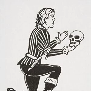 Scene from Hamlet, protagonist kneeling and holding up human skull, Alas, poor Yorick! I knew him, Horatio, side view