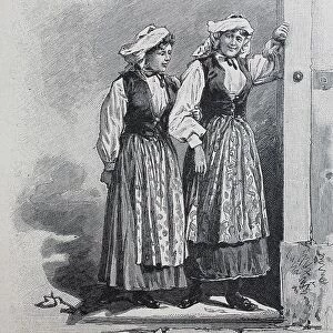 Women in traditional Albanian dress, 1880, Albania, Historic, digital reproduction of an original 19th-century print