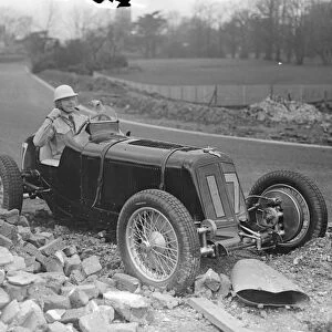 Raymond Mays runs onto banking at new Crystal Palace track. Two mishaps marked the