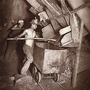 A mill at the 412, Dolcoath mine, illustration from Mongst mines and miners, or Underground Scenes by Flash-Light by J. C. Burrows and William Thomas, pub. 1893 (sepia photo)