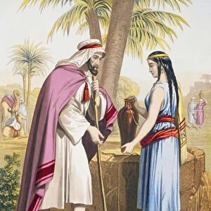 Abrahams servant Eliezer and Rebekah at the well (litho)