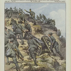 Another advance in Derna, Alpine troops forced by the roughness of the places to carry on their shoulders... (colour litho)